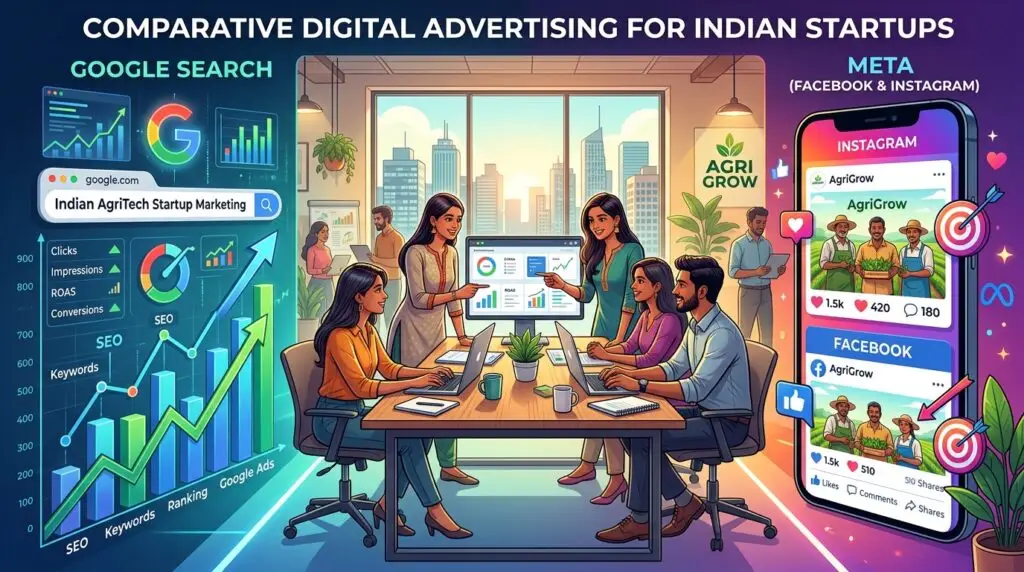 A digital illustration comparing Google search advertising and Meta social media ads for an Indian startup business.