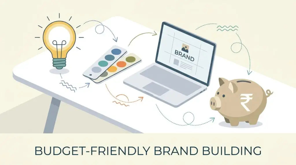 Creative workplace with a laptop, logo design, and a piggy bank, representing low-cost brand identity building for a startup.
