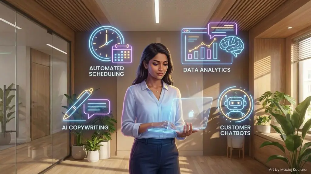 Futuristic digital illustration of a business professional utilizing AI automation tools to optimize startup growth and save money.
