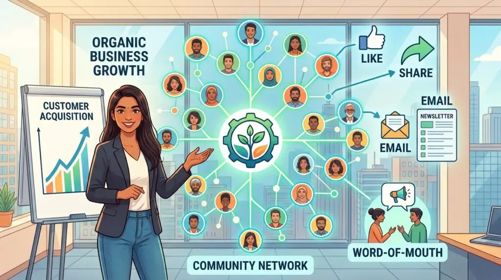 An illustration of a growing organic customer network, showing how a startup can acquire its first 100 customers without expensive ad spend.