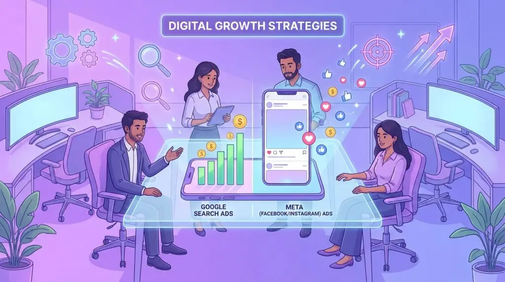 A modern digital illustration comparing Google search advertising and Meta social media ads for an Indian startup business.