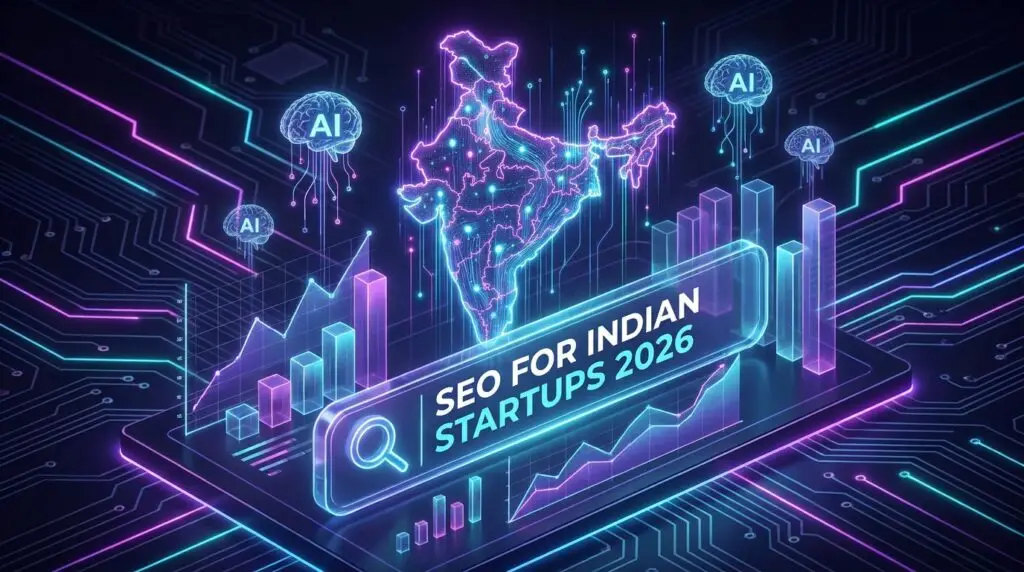 A modern digital marketing SEO illustration for Indian startups in 2026 showing growth graphs.